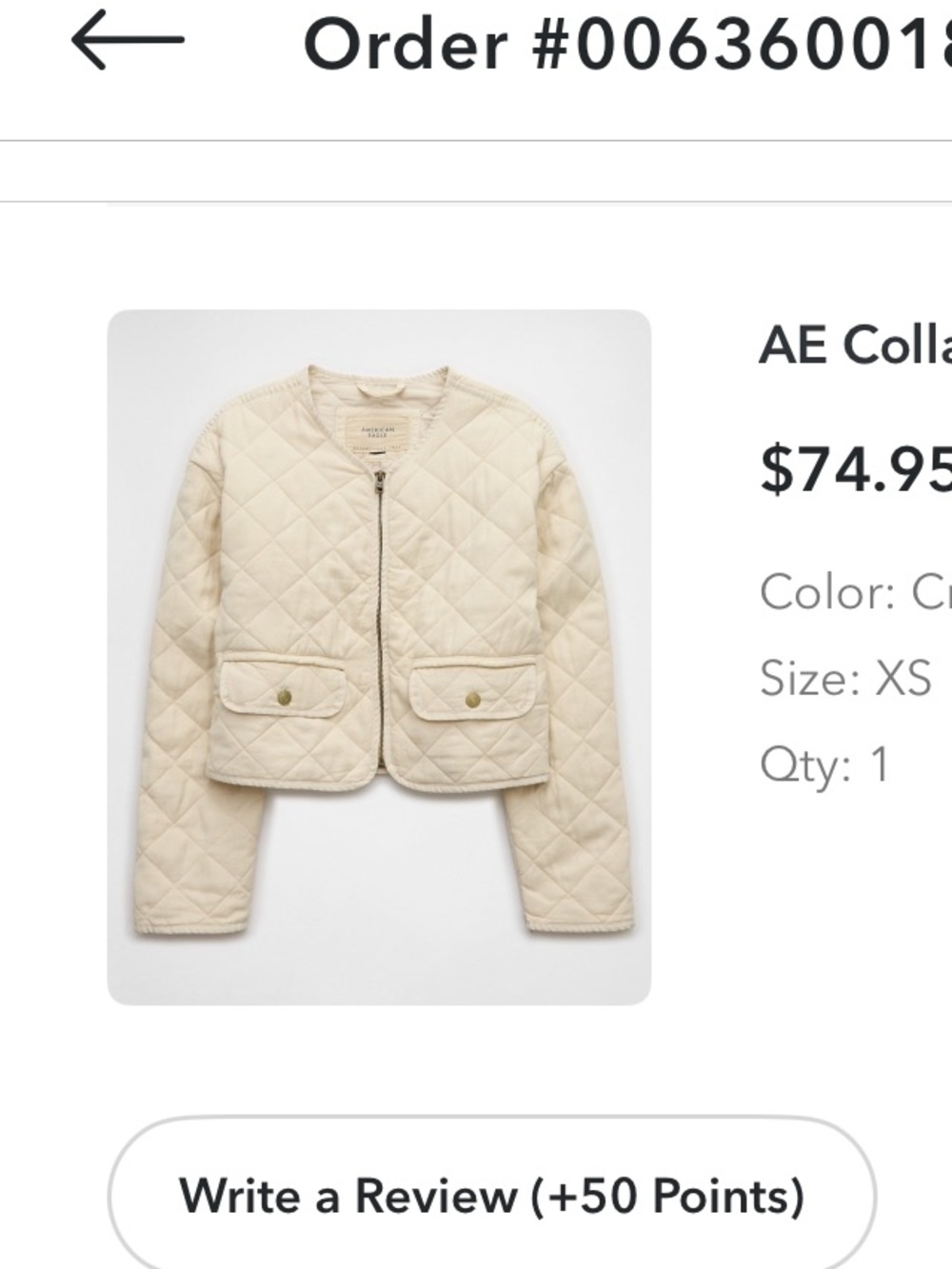 AE Collarless Quilted Jacket XS